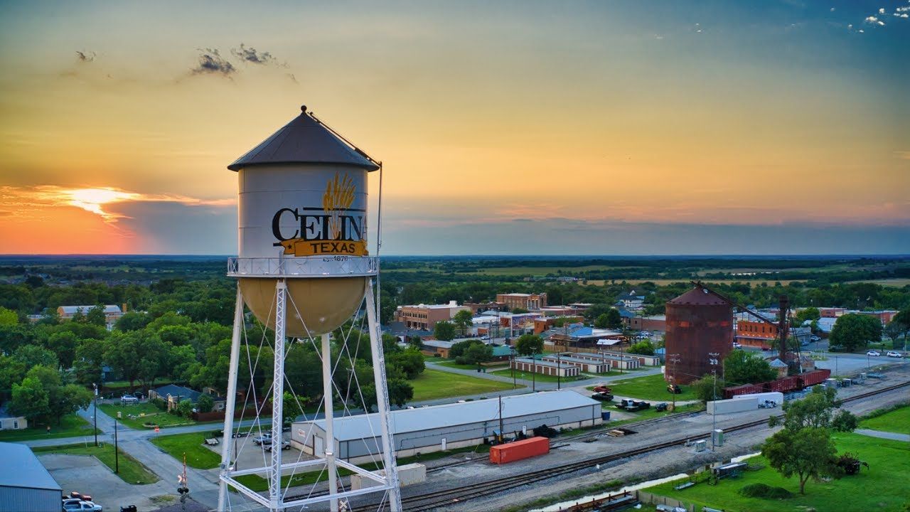 Celina, Texas water tower overlooking downtown Celina