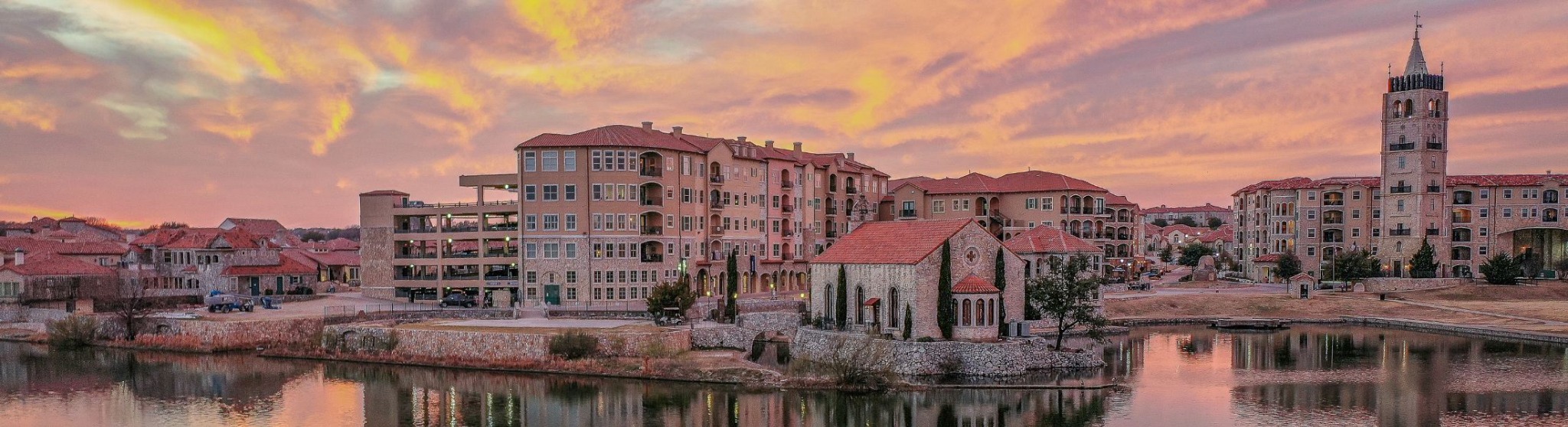 Adriatica community in McKinney, Texas at sunset