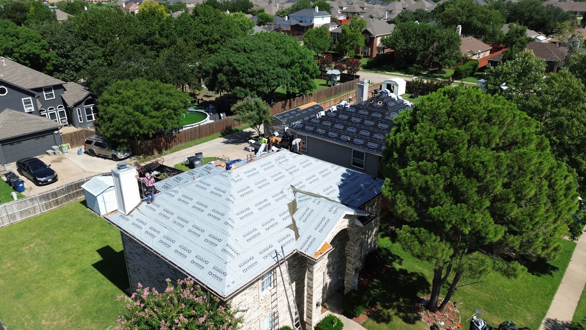 Aerial view of a North Texas roofing project
